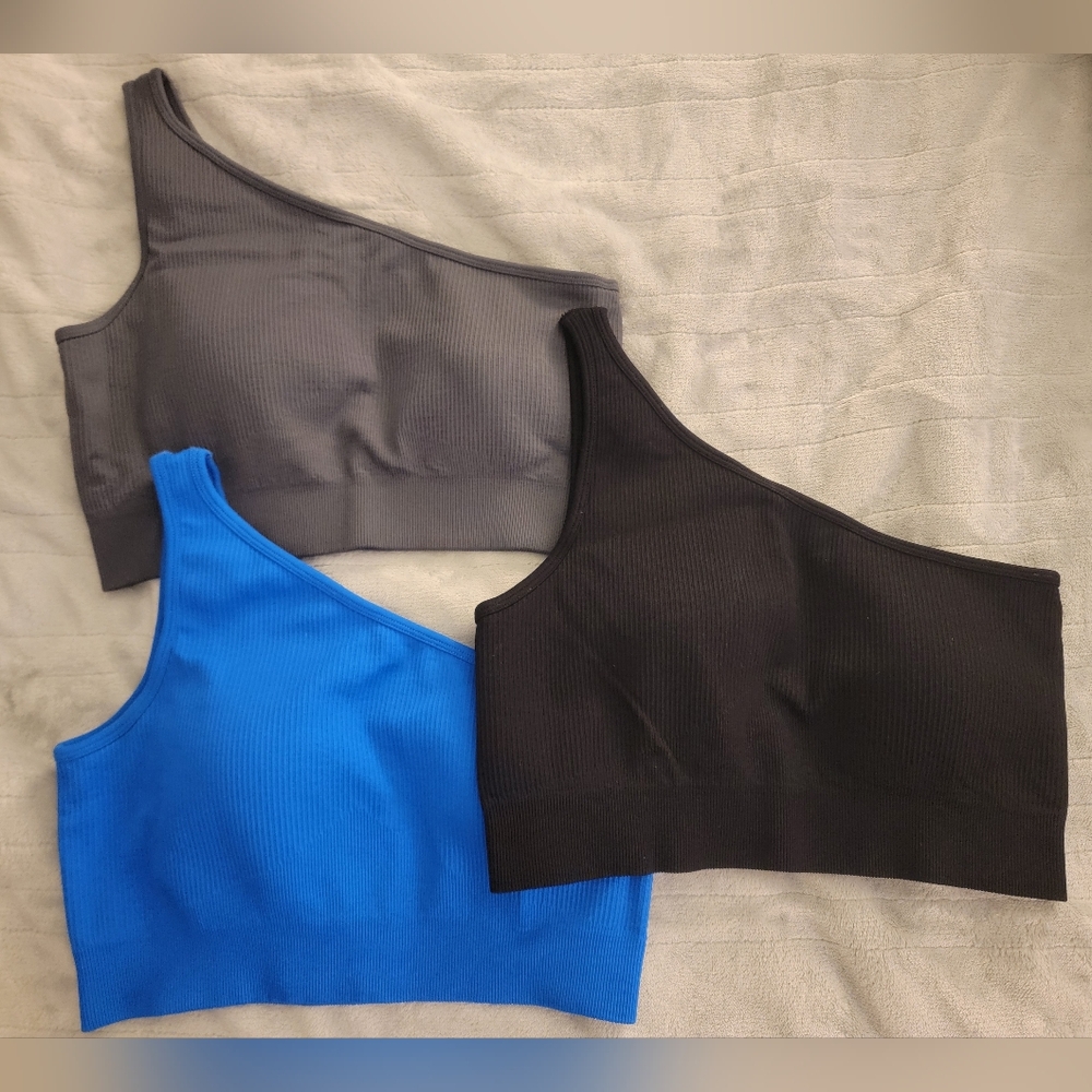 One-Shoulder Ribbed Sports Bras - Black, Gray, Blue